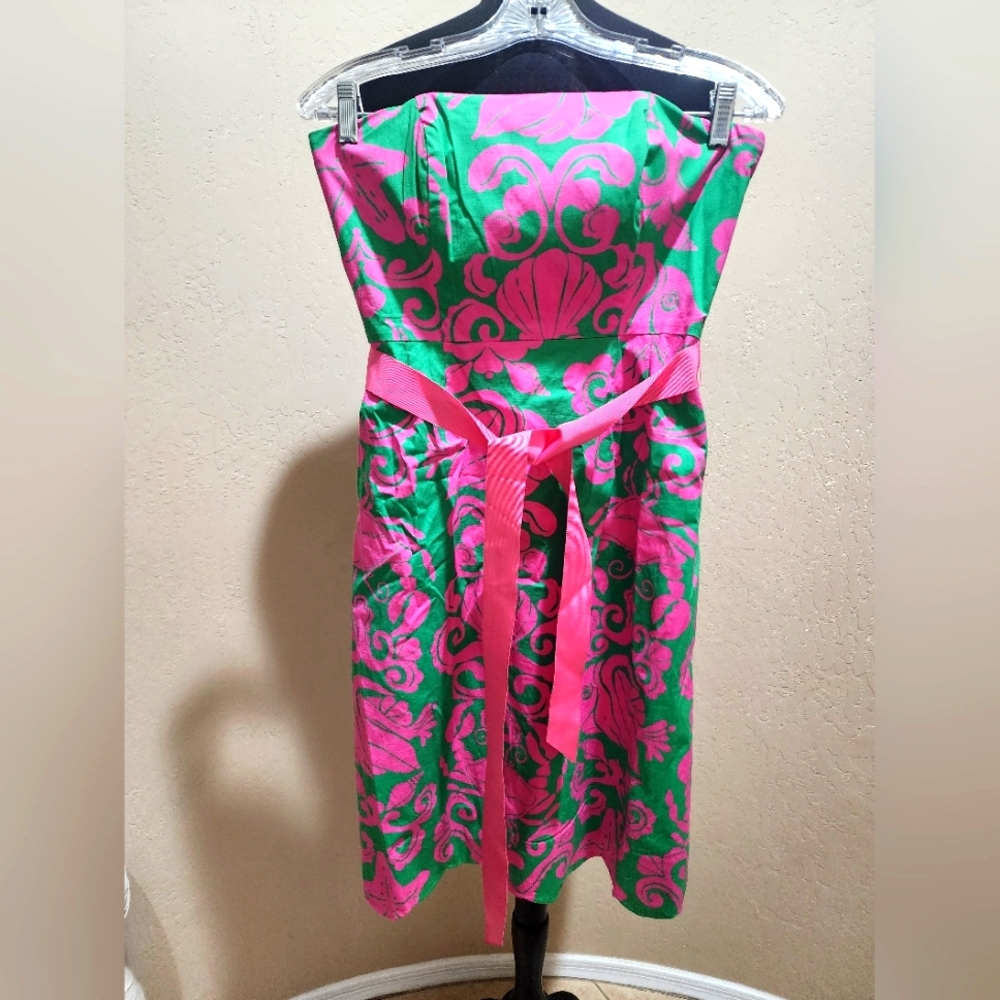 Lily Pulitzer Crab Fish Elegant Pink and Green Strapless Dress 2 NWOT